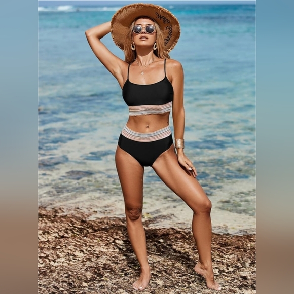 Medium Bikini Set Colorblock Trim 2 Piece High Waisted Swimsuit - Picture 4 of 9